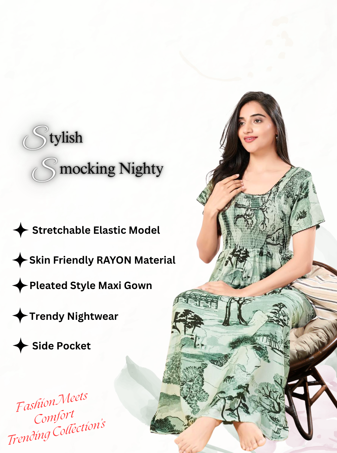 MANGAI RAYON Smocking Nighty | Beautiful Pleated Design | Side Pocket | Stylish Nighty for Trendy Women's | Your Perfect Nightwear Collection's (SRN)