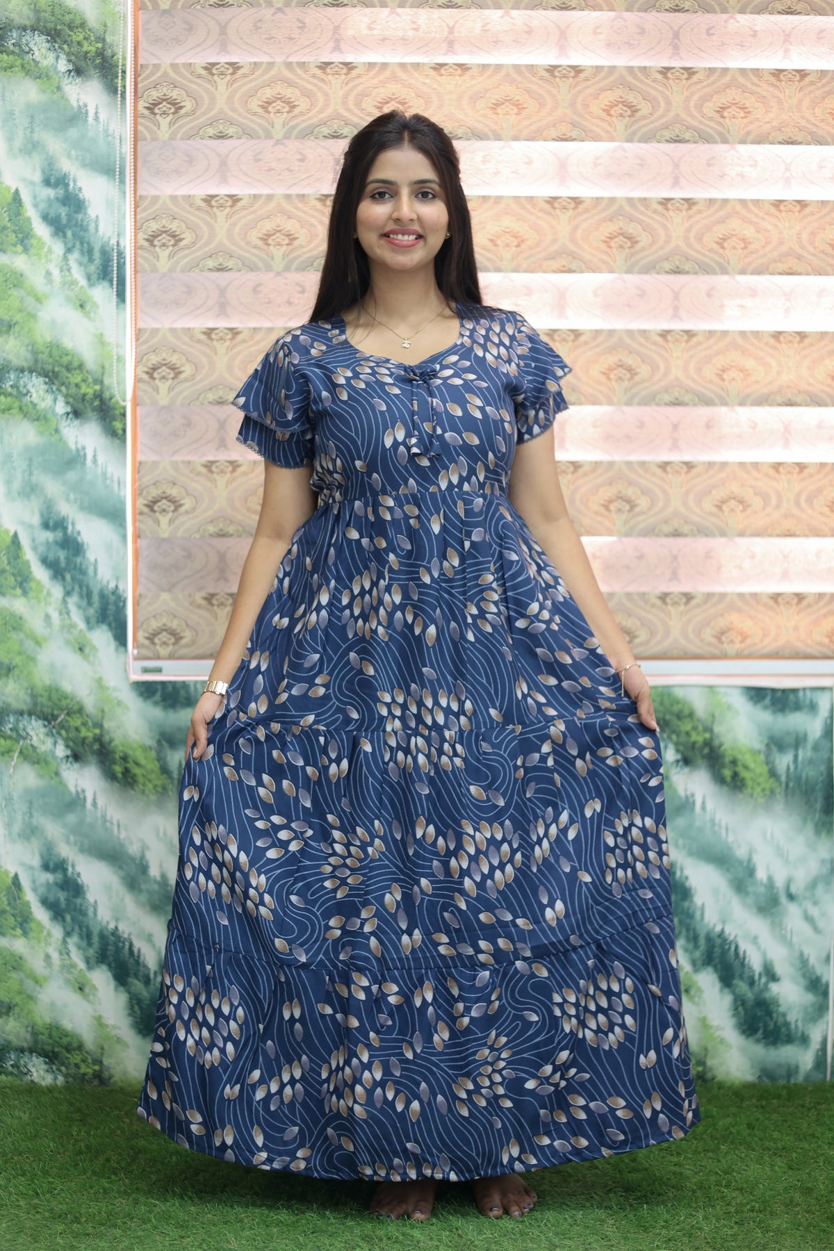 MANGAI New Alpine 3 Layer Frock for Women | Stylish Double Layer Sleeve Nighty with Fancy Neck | Back Tie Rope & Side Pocket | Flared Bottom Full Length Modern Nightwear (AFK)