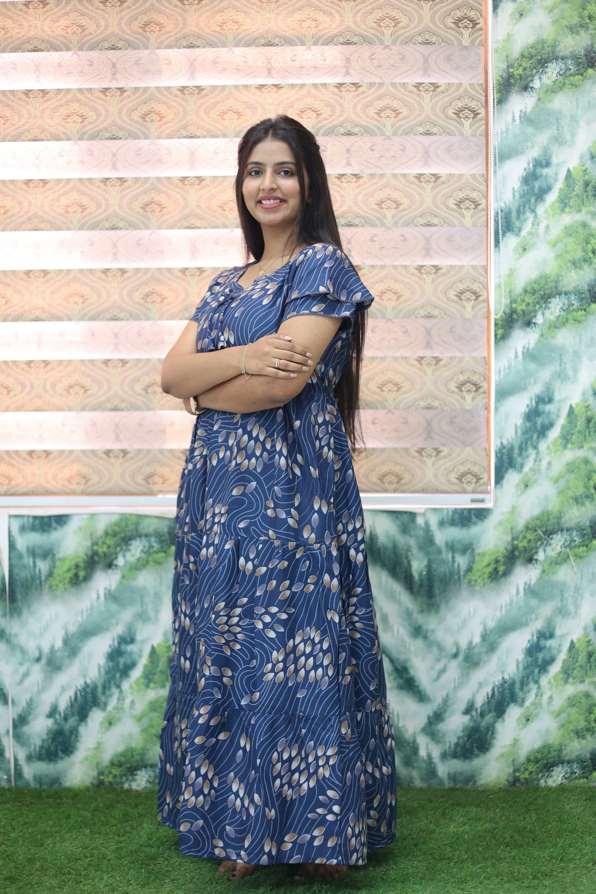 MANGAI New Alpine 3 Layer Frock for Women | Stylish Double Layer Sleeve Nighty with Fancy Neck | Back Tie Rope & Side Pocket | Flared Bottom Full Length Modern Nightwear (AFK)