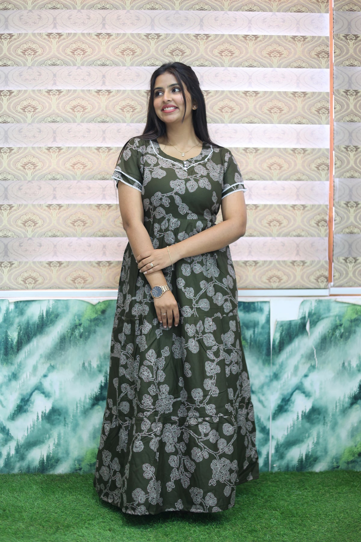 MANGAI New Alpine 3 Layer Frock for Women | Stylish Double Layer Sleeve Nighty with Fancy Neck | Back Tie Rope & Side Pocket | Flared Bottom Full Length Modern Nightwear (AFK)