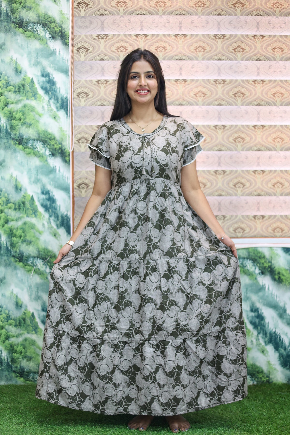 MANGAI New Alpine 3 Layer Frock for Women | Stylish Double Layer Sleeve Nighty with Fancy Neck | Back Tie Rope & Side Pocket | Flared Bottom Full Length Modern Nightwear (AFK)