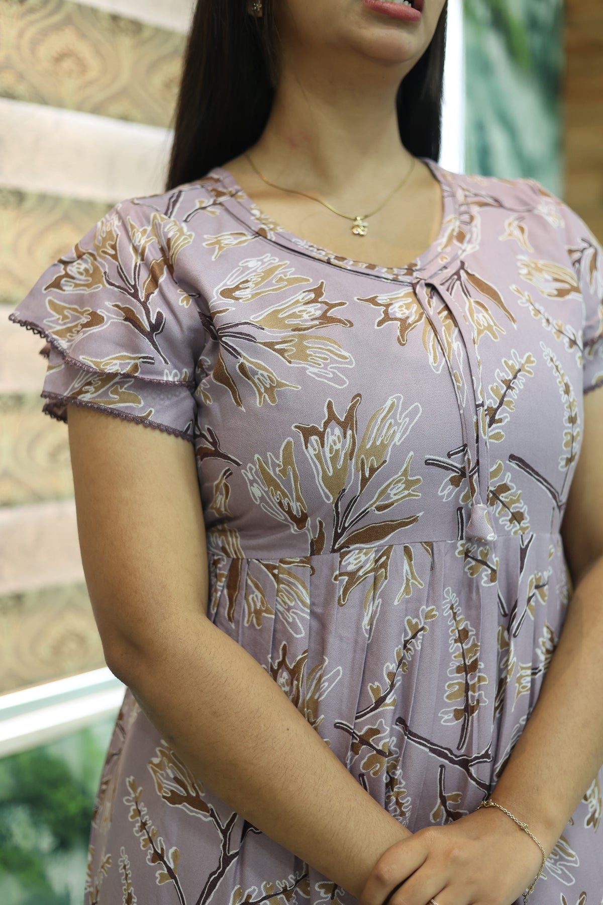 MANGAI New Alpine 3 Layer Frock for Women | Stylish Double Layer Sleeve Nighty with Fancy Neck | Back Tie Rope & Side Pocket | Flared Bottom Full Length Modern Nightwear (AFK)