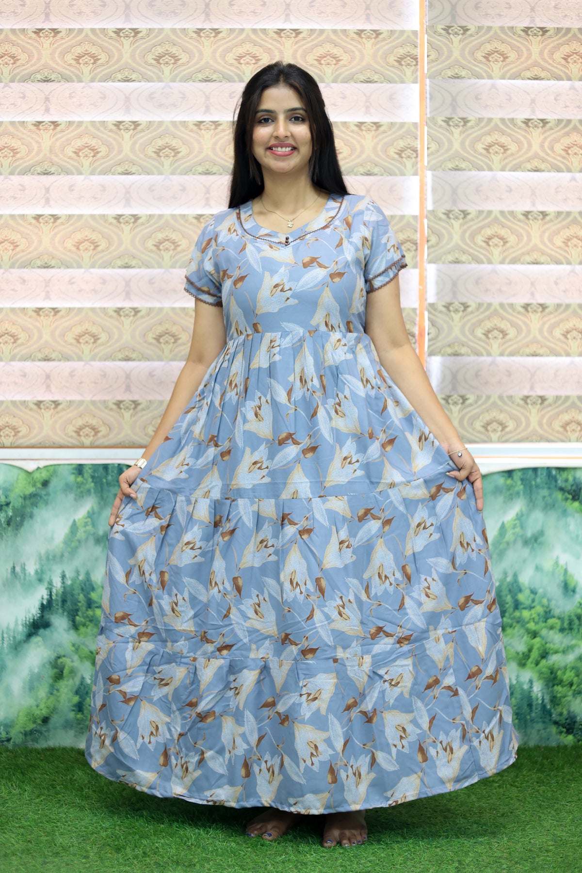 MANGAI New Alpine 3 Layer Frock for Women | Stylish Double Layer Sleeve Nighty with Fancy Neck | Back Tie Rope & Side Pocket | Flared Bottom Full Length Modern Nightwear (AFK)