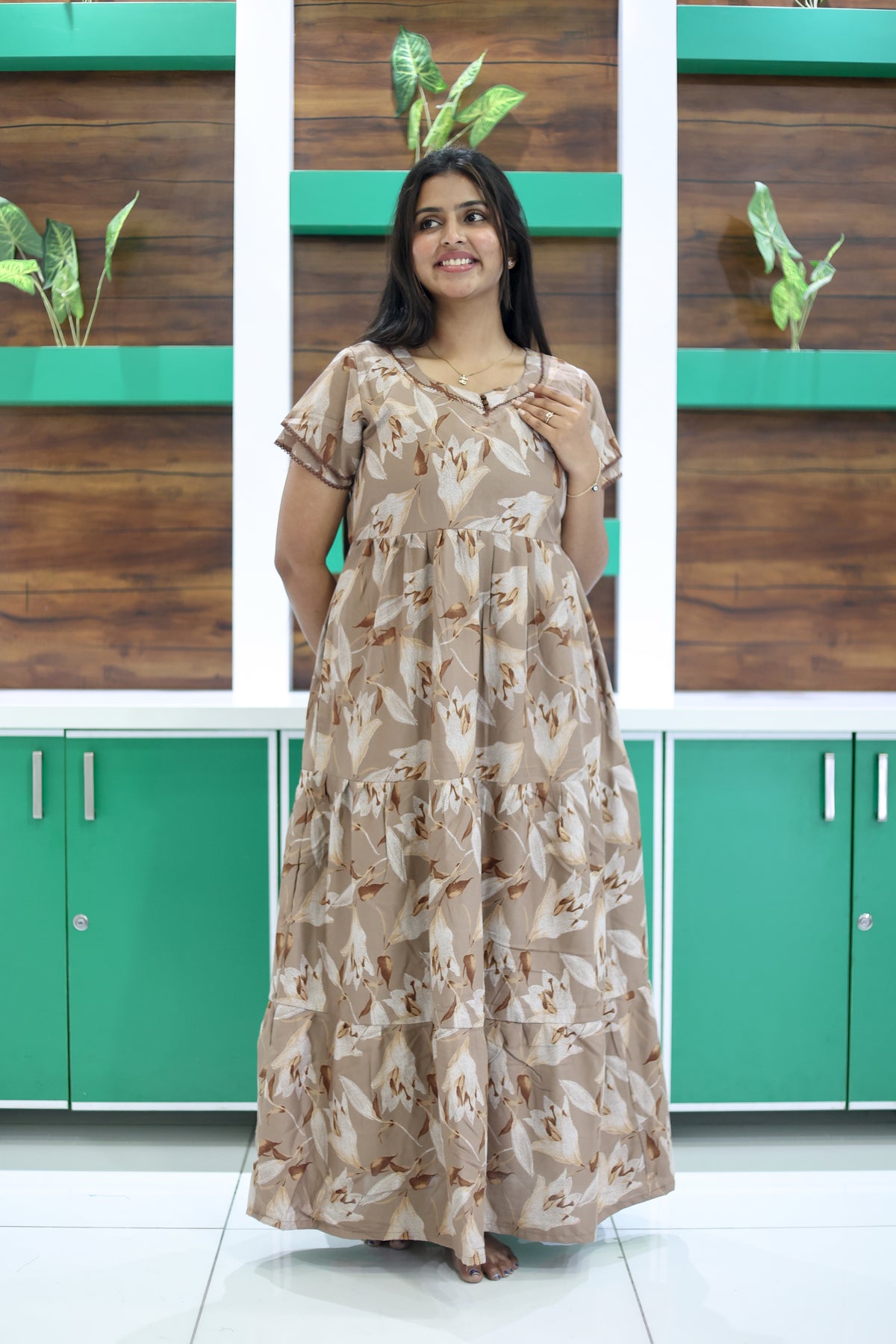 MANGAI New Alpine 3 Layer Frock for Women | Stylish Double Layer Sleeve Nighty with Fancy Neck | Back Tie Rope & Side Pocket | Flared Bottom Full Length Modern Nightwear (AFK)