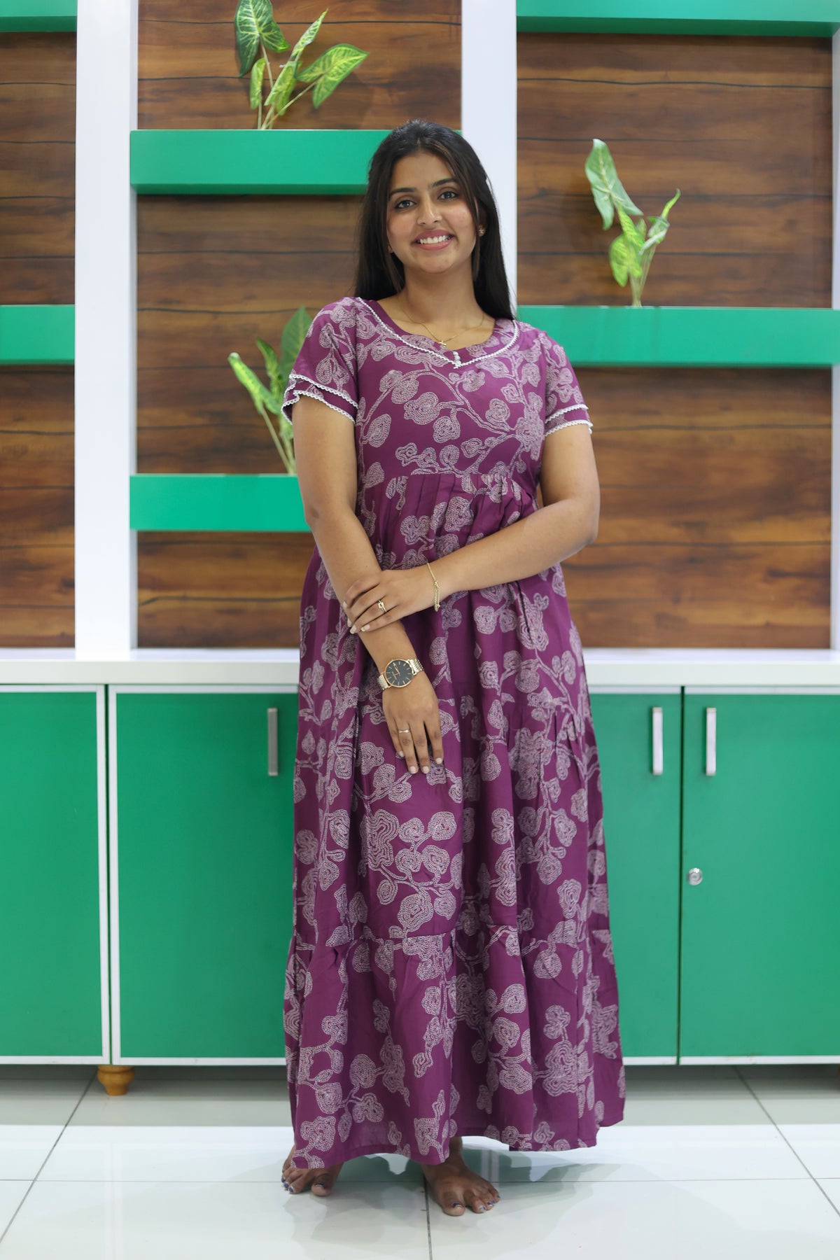 MANGAI New Alpine 3 Layer Frock for Women | Stylish Double Layer Sleeve Nighty with Fancy Neck | Back Tie Rope & Side Pocket | Flared Bottom Full Length Modern Nightwear (AFK)