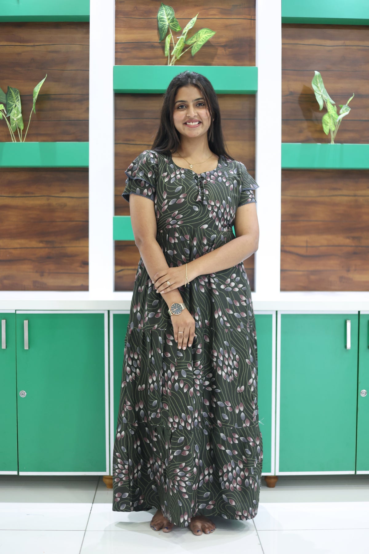 MANGAI New Alpine 3 Layer Frock for Women | Stylish Double Layer Sleeve Nighty with Fancy Neck | Back Tie Rope & Side Pocket | Flared Bottom Full Length Modern Nightwear (AFK)