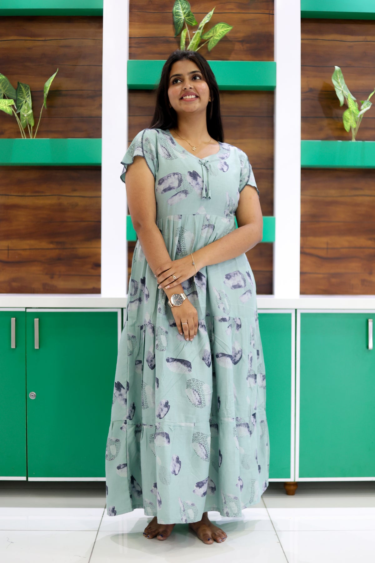 MANGAI New Alpine 3 Layer Frock for Women | Stylish Petal Sleeve Nighty with Fancy Neck | Back Tie Rope & Side Pocket | Flared Bottom Full Length Cozy Modern Nightwear (AFK)