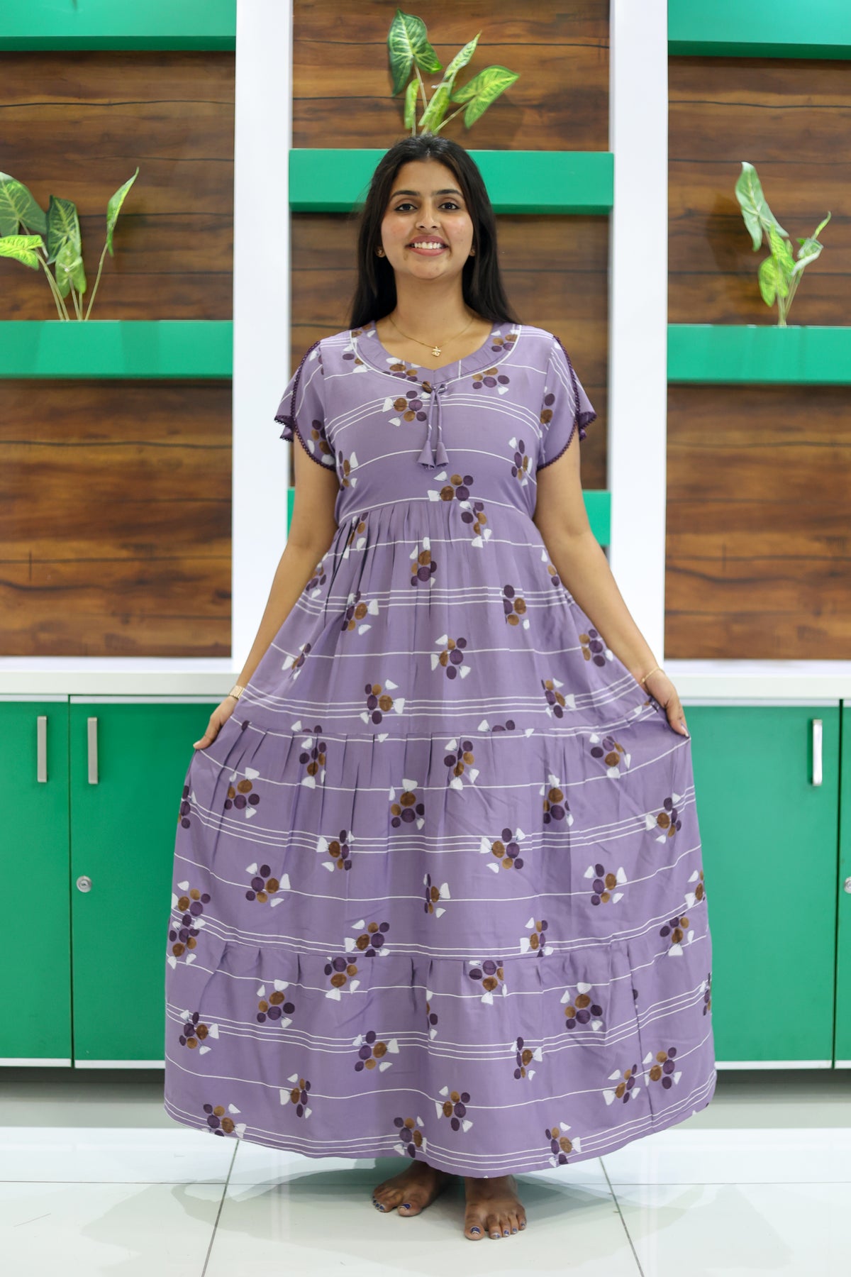 MANGAI New Alpine 3 Layer Frock for Women | Stylish Petal Sleeve Nighty with Fancy Neck | Back Tie Rope & Side Pocket | Flared Bottom Full Length Cozy Modern Nightwear (AFK)