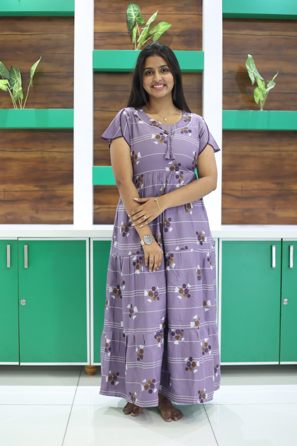 MANGAI New Alpine 3 Layer Frock for Women | Stylish Petal Sleeve Nighty with Fancy Neck | Back Tie Rope & Side Pocket | Flared Bottom Full Length Cozy Modern Nightwear (AFK)