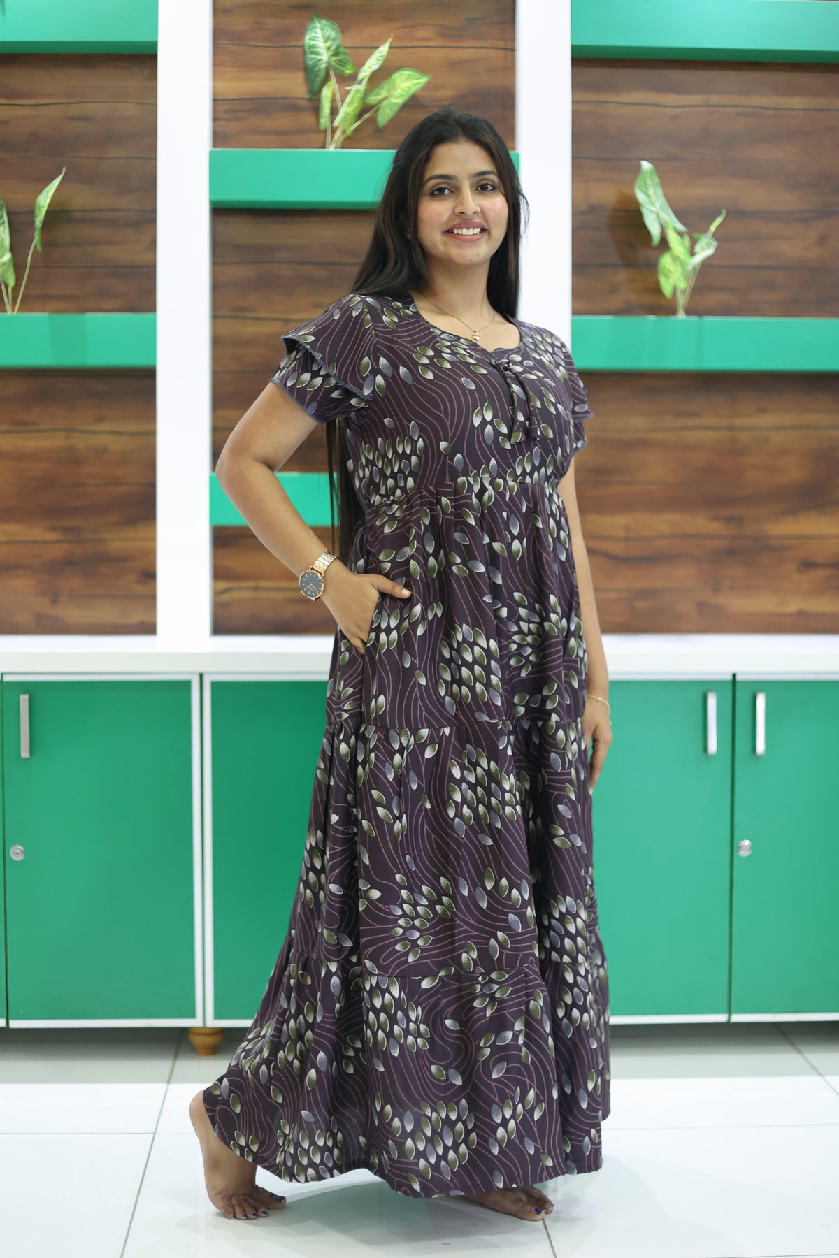 MANGAI New Alpine 3 Layer Frock for Women | Stylish Double Layer Sleeve Nighty with Fancy Neck | Back Tie Rope & Side Pocket | Flared Bottom Full Length Modern Nightwear (AFK)