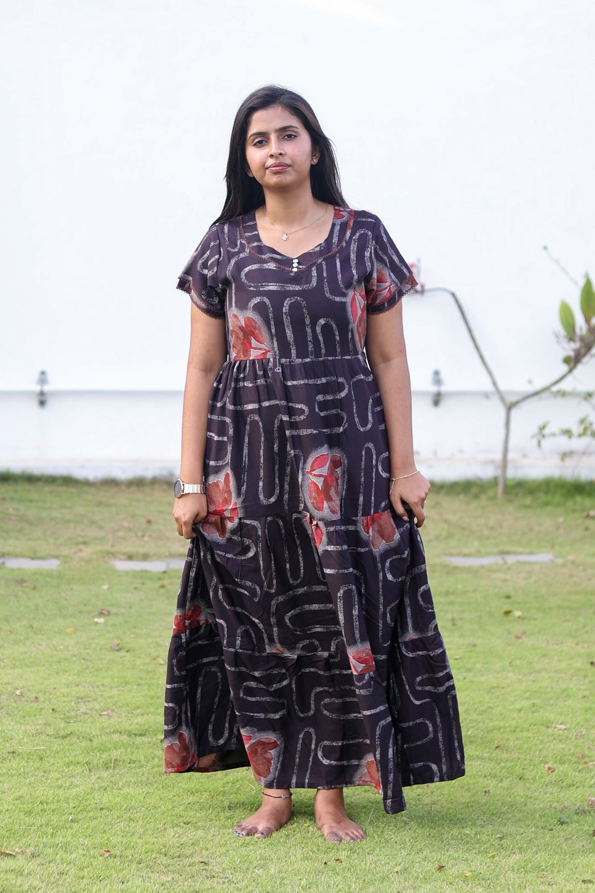 MANGAI New Alpine 3 Layer Frock for Women | Stylish Double Layer Sleeve Nighty with Fancy Neck | Back Tie Rope & Side Pocket | Flared Bottom Full Length Modern Nightwear (AFK)