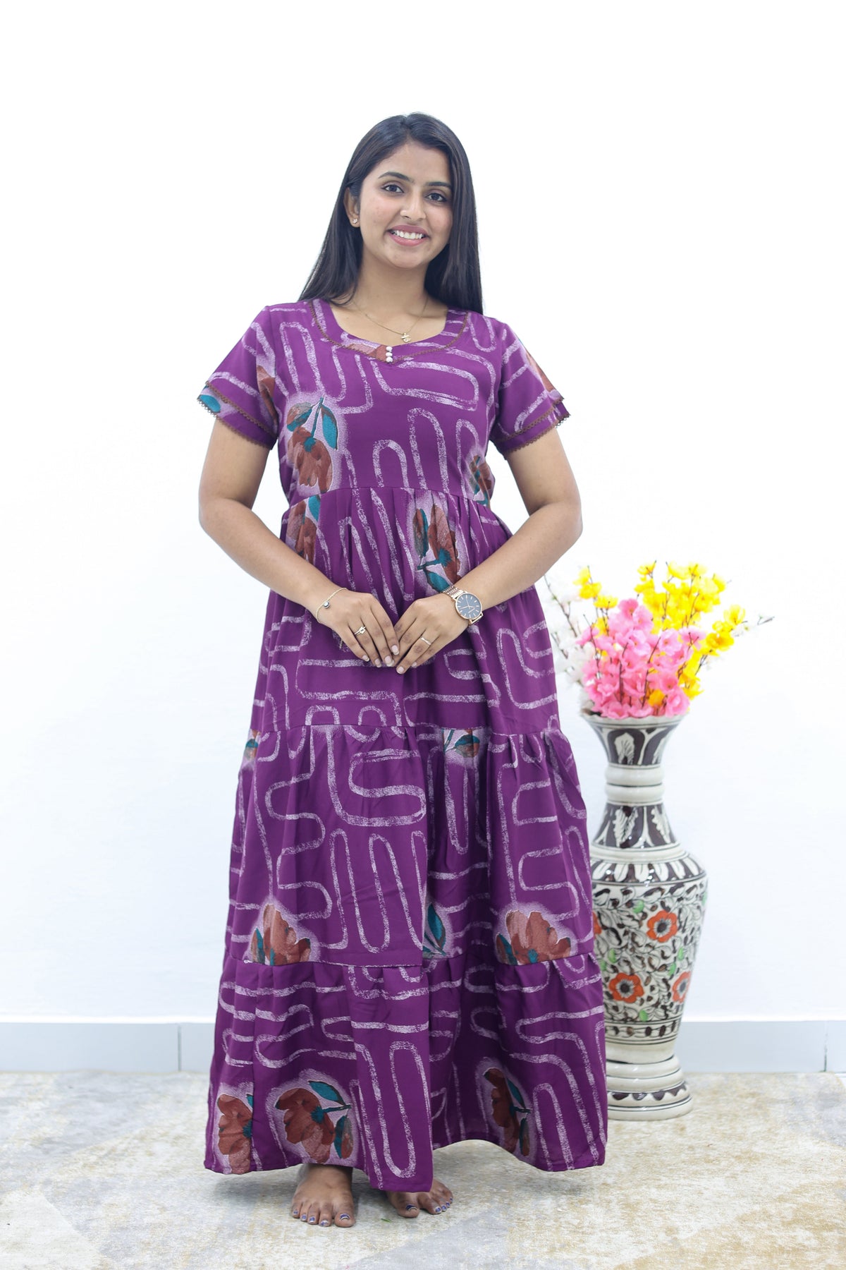 MANGAI New Alpine 3 Layer Frock for Women | Stylish Double Layer Sleeve Nighty with Fancy Neck | Back Tie Rope & Side Pocket | Flared Bottom Full Length Modern Nightwear (AFK)