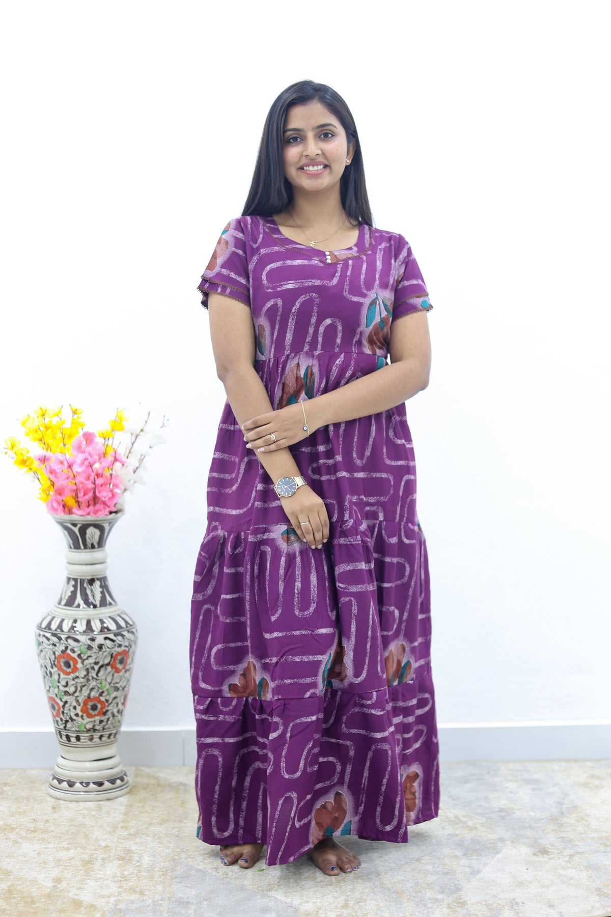 MANGAI New Alpine 3 Layer Frock for Women | Stylish Double Layer Sleeve Nighty with Fancy Neck | Back Tie Rope & Side Pocket | Flared Bottom Full Length Modern Nightwear (AFK)