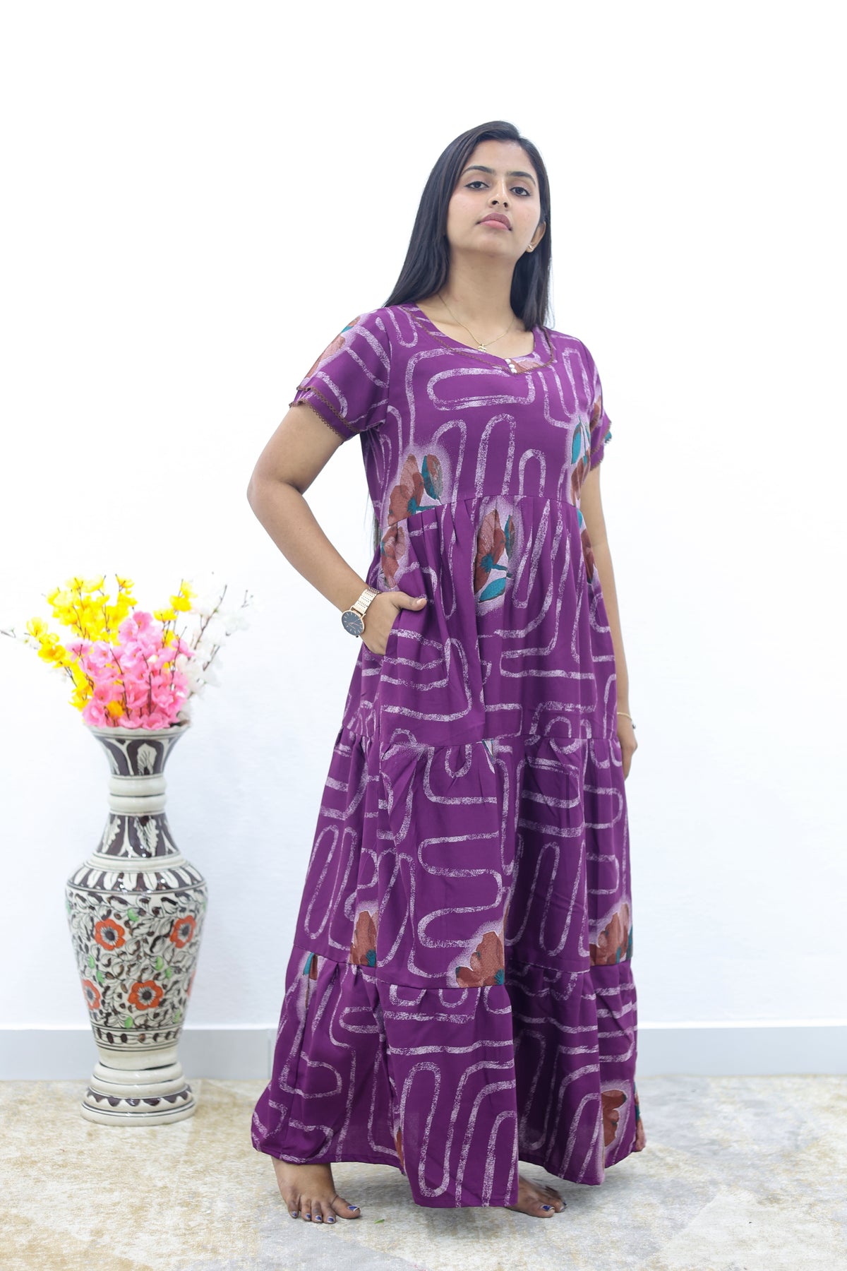 MANGAI New Alpine 3 Layer Frock for Women | Stylish Double Layer Sleeve Nighty with Fancy Neck | Back Tie Rope & Side Pocket | Flared Bottom Full Length Modern Nightwear (AFK)