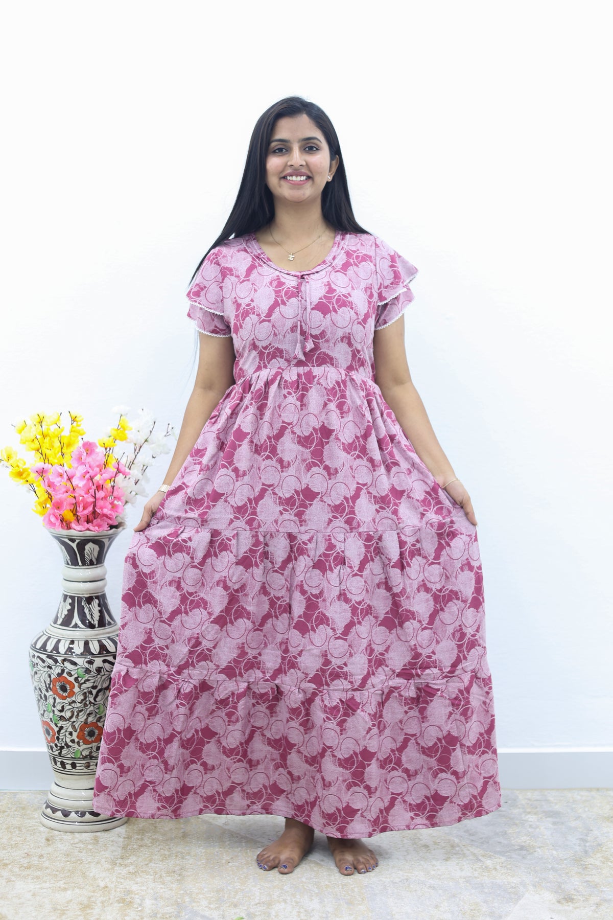 MANGAI New Alpine 3 Layer Frock for Women | Stylish Double Layer Sleeve Nighty with Fancy Neck | Back Tie Rope & Side Pocket | Flared Bottom Full Length Modern Nightwear (AFK)