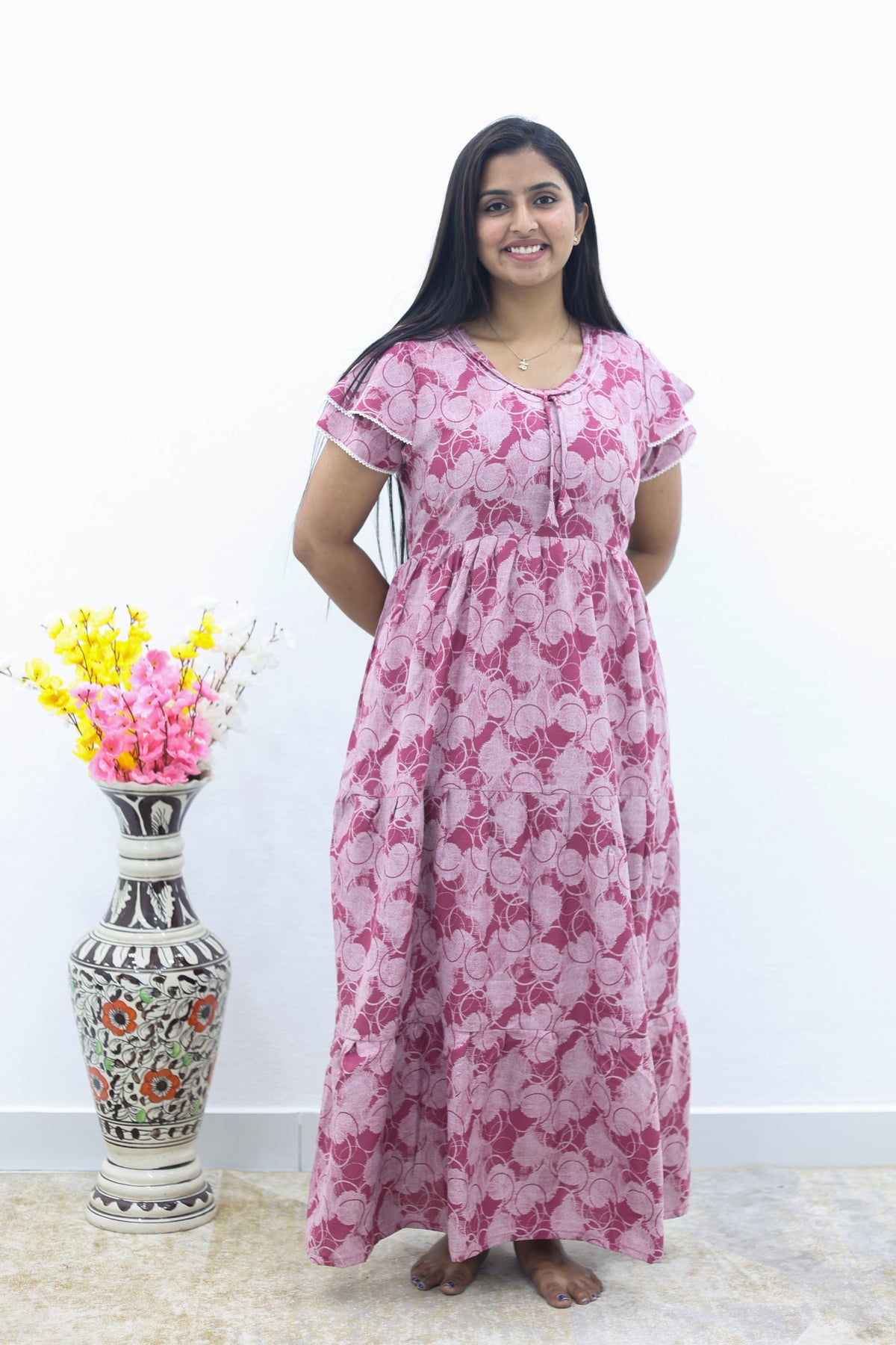 MANGAI New Alpine 3 Layer Frock for Women | Stylish Double Layer Sleeve Nighty with Fancy Neck | Back Tie Rope & Side Pocket | Flared Bottom Full Length Modern Nightwear (AFK)