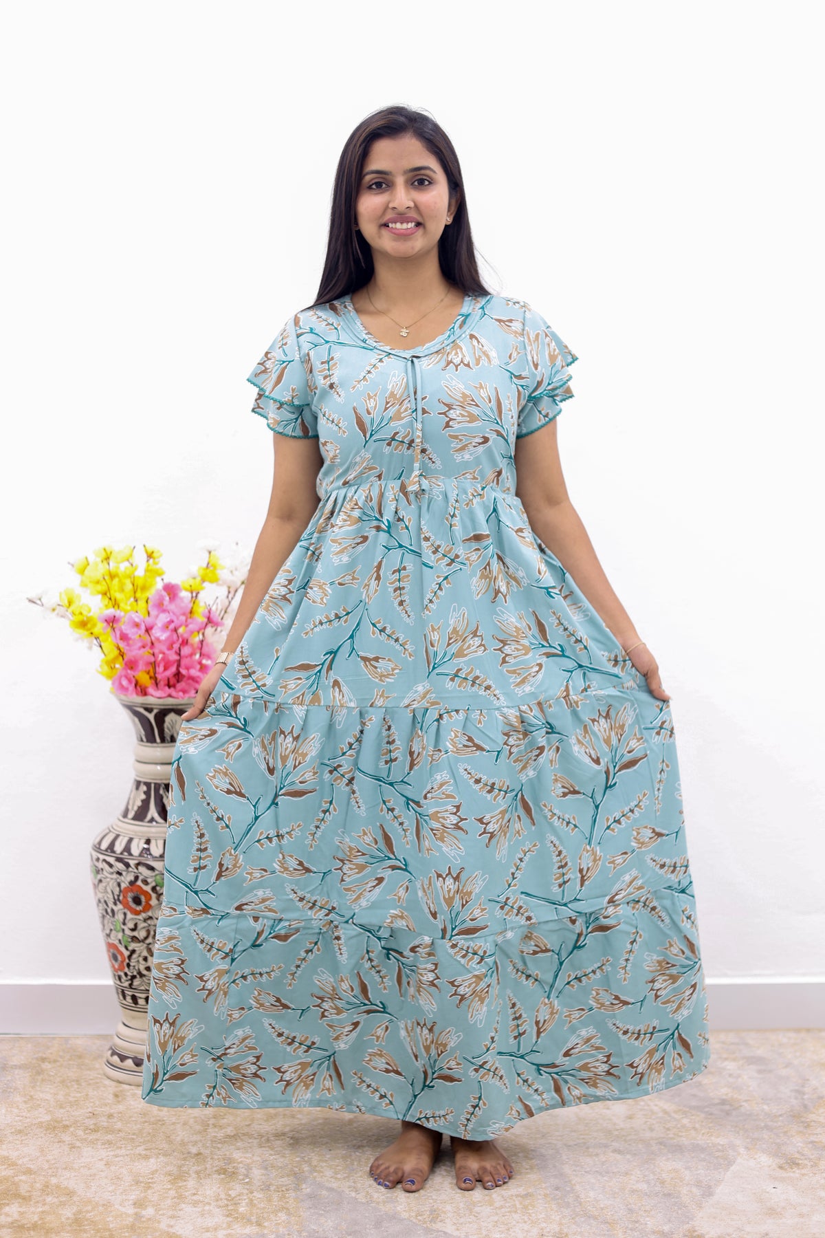 MANGAI New Alpine 3 Layer Frock for Women | Stylish Double Layer Sleeve Nighty with Fancy Neck | Back Tie Rope & Side Pocket | Flared Bottom Full Length Modern Nightwear (AFK)