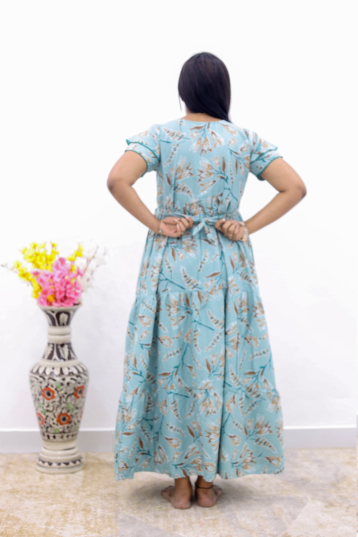 MANGAI New Alpine 3 Layer Frock for Women | Stylish Double Layer Sleeve Nighty with Fancy Neck | Back Tie Rope & Side Pocket | Flared Bottom Full Length Modern Nightwear (AFK)