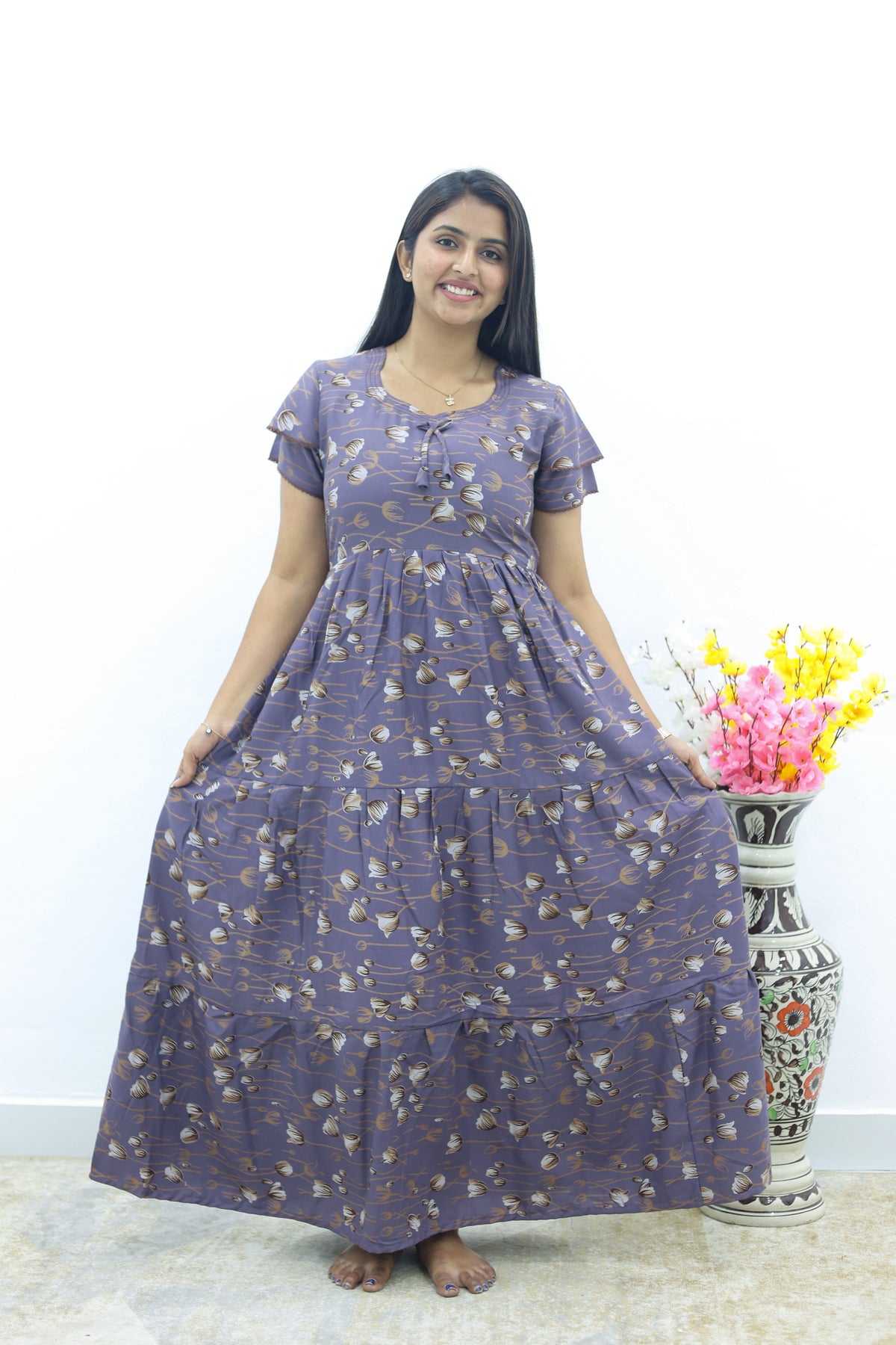 MANGAI New Alpine 3 Layer Frock for Women | Stylish Double Layer Sleeve Nighty with Fancy Neck | Back Tie Rope & Side Pocket | Flared Bottom Full Length Modern Nightwear (AFK)