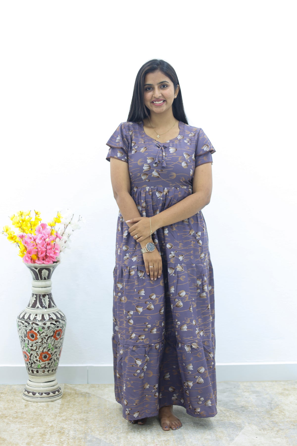 MANGAI New Alpine 3 Layer Frock for Women | Stylish Double Layer Sleeve Nighty with Fancy Neck | Back Tie Rope & Side Pocket | Flared Bottom Full Length Modern Nightwear (AFK)