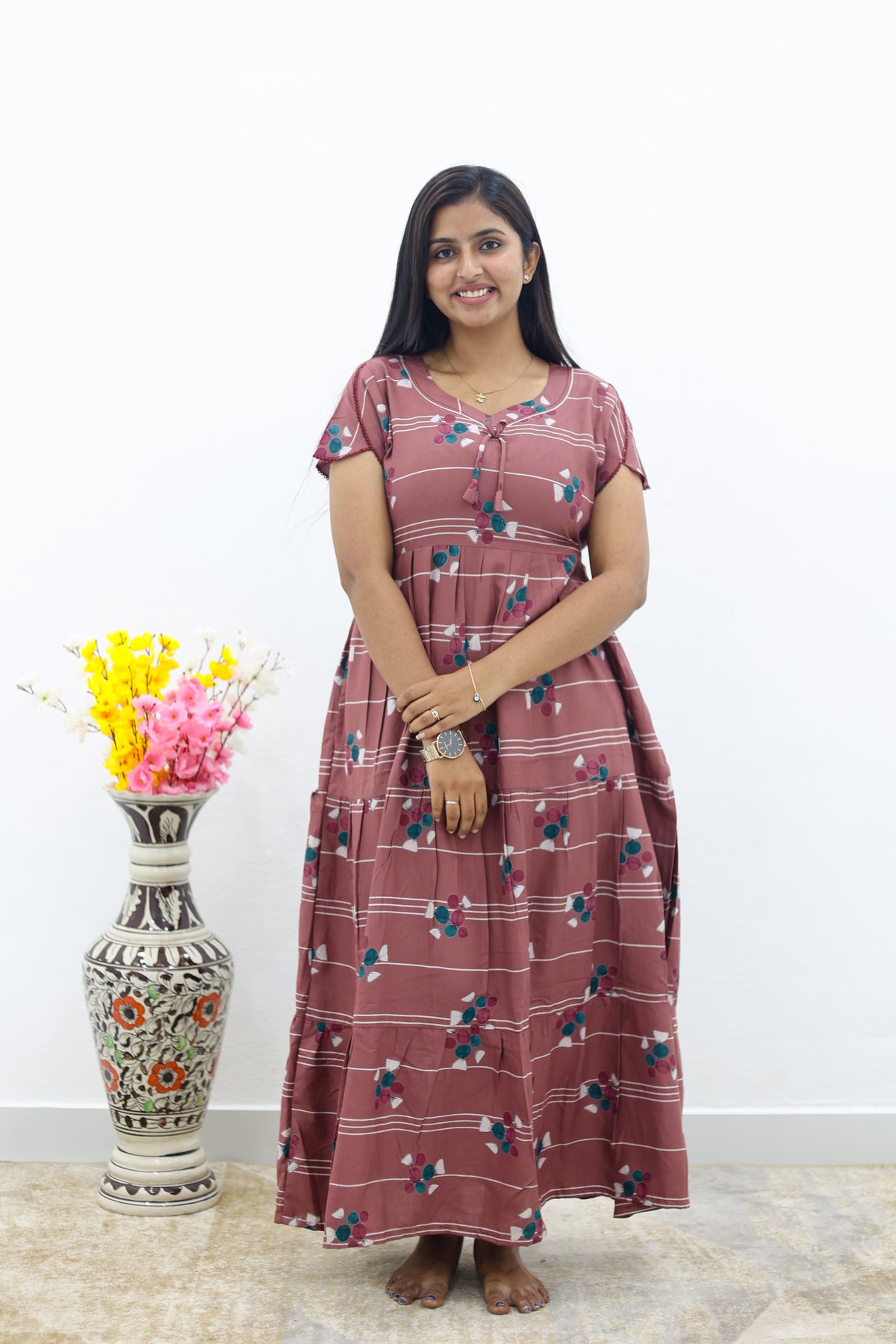 MANGAI New Alpine 3 Layer Frock for Women | Stylish Petal Sleeve Nighty with Fancy Neck | Back Tie Rope & Side Pocket | Flared Bottom Full Length Cozy Modern Nightwear (AFK)