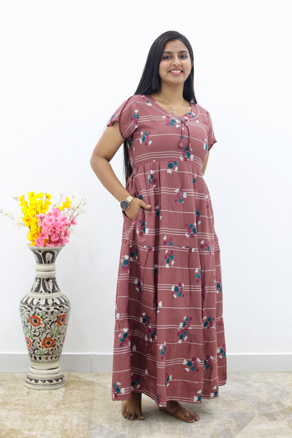 MANGAI New Alpine 3 Layer Frock for Women | Stylish Petal Sleeve Nighty with Fancy Neck | Back Tie Rope & Side Pocket | Flared Bottom Full Length Cozy Modern Nightwear (AFK)