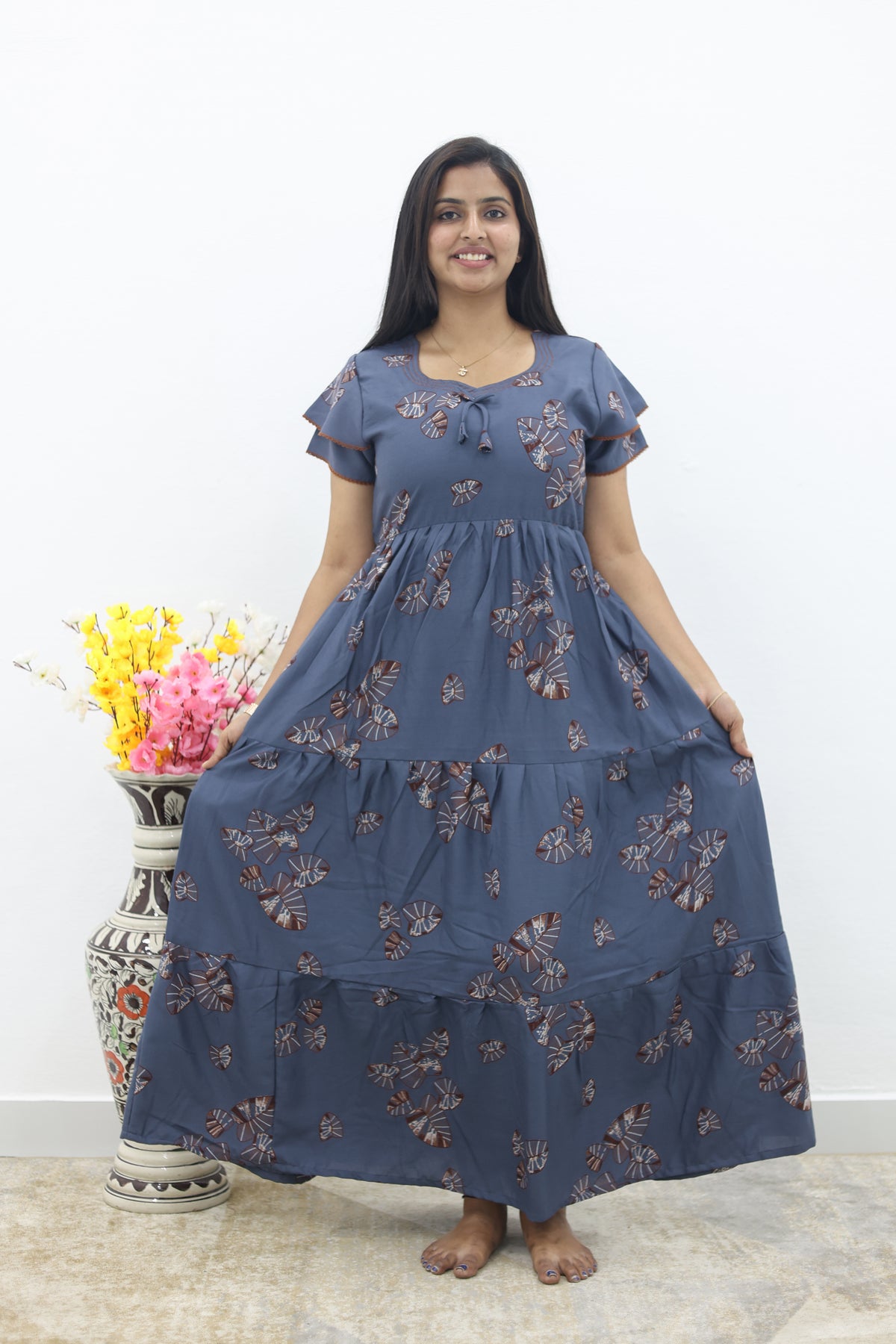 MANGAI New Alpine 3 Layer Frock for Women | Stylish Double Layer Sleeve Nighty with Fancy Neck | Back Tie Rope & Side Pocket | Flared Bottom Full Length Modern Nightwear (AFK)