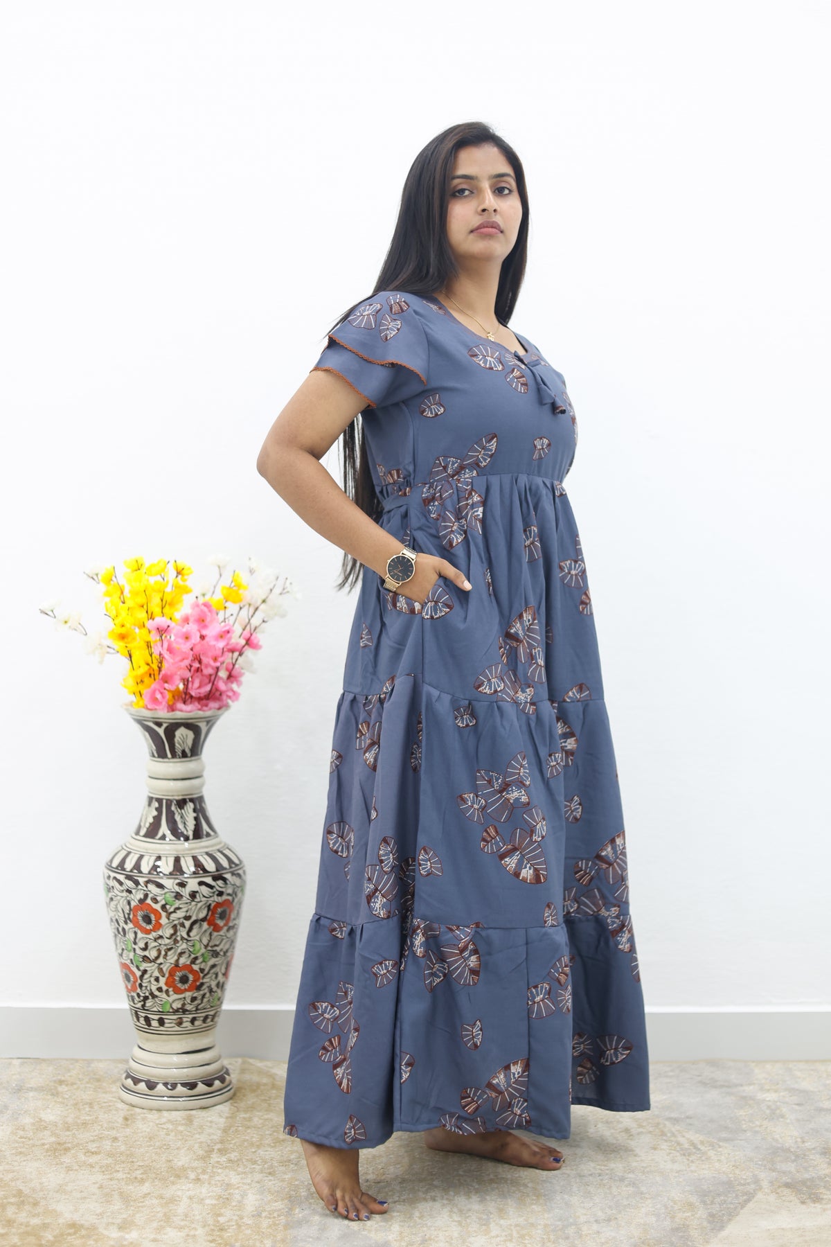 MANGAI New Alpine 3 Layer Frock for Women | Stylish Double Layer Sleeve Nighty with Fancy Neck | Back Tie Rope & Side Pocket | Flared Bottom Full Length Modern Nightwear (AFK)