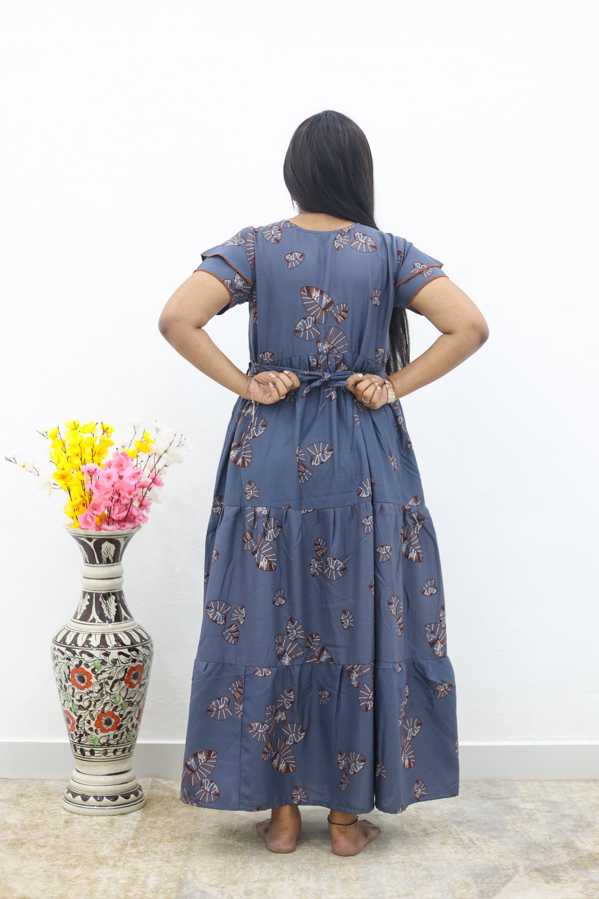 MANGAI New Alpine 3 Layer Frock for Women | Stylish Double Layer Sleeve Nighty with Fancy Neck | Back Tie Rope & Side Pocket | Flared Bottom Full Length Modern Nightwear (AFK)