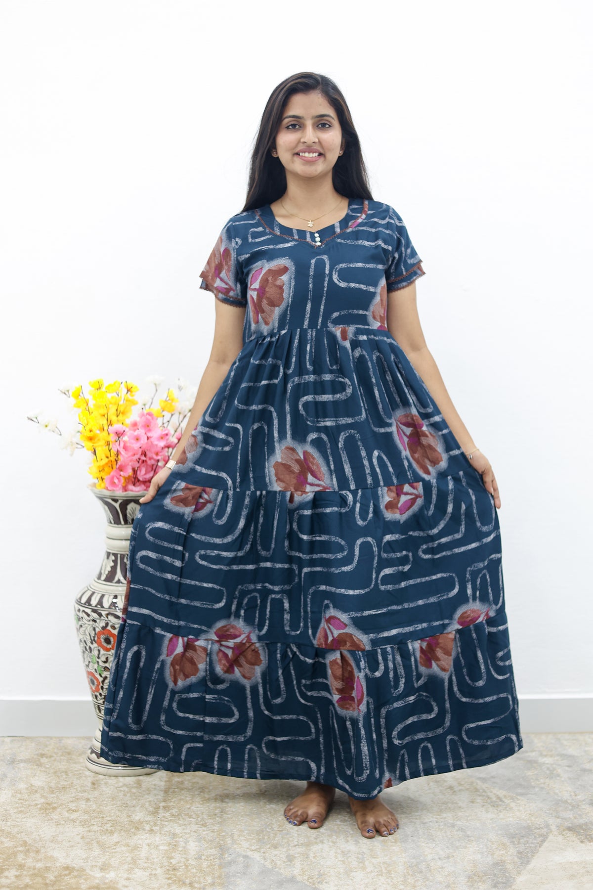 MANGAI New Alpine 3 Layer Frock for Women | Stylish Double Layer Sleeve Nighty with Fancy Neck | Back Tie Rope & Side Pocket | Flared Bottom Full Length Modern Nightwear (AFK)