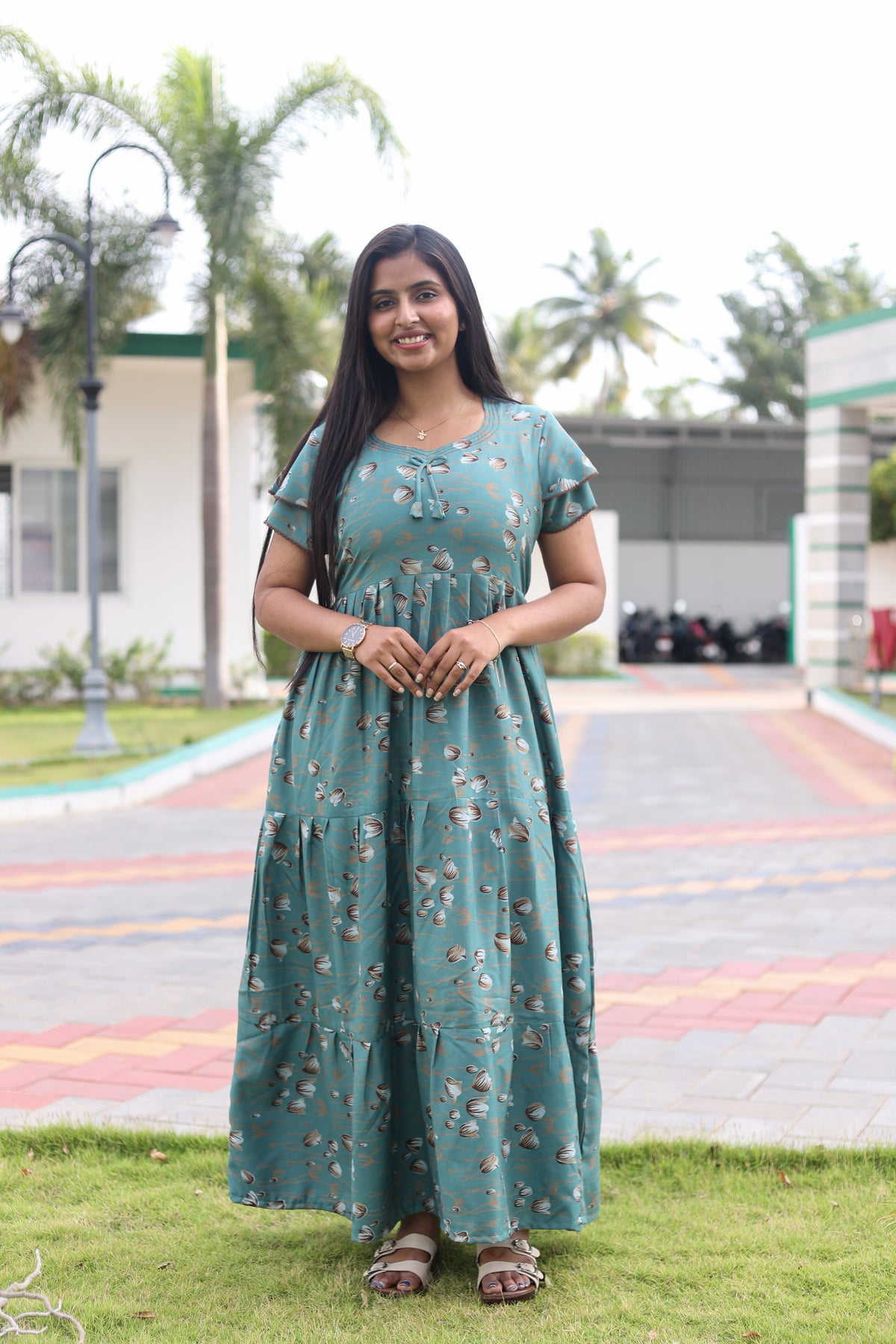 MANGAI New Alpine 3 Layer Frock for Women | Stylish Double Layer Sleeve Nighty with Fancy Neck | Back Tie Rope & Side Pocket | Flared Bottom Full Length Modern Nightwear (AFK)