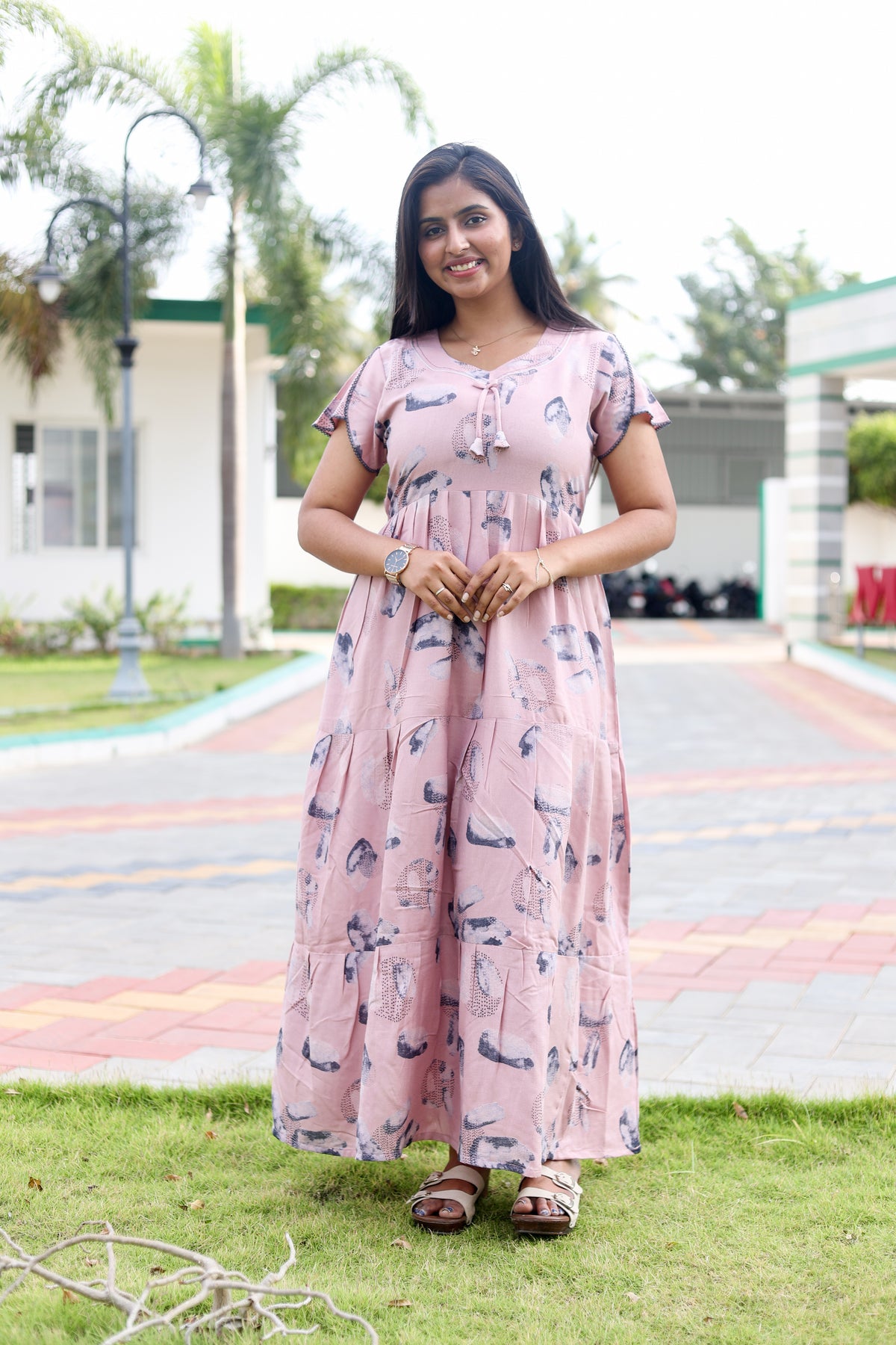 MANGAI New Alpine 3 Layer Frock for Women | Stylish Petal Sleeve Nighty with Fancy Neck | Back Tie Rope & Side Pocket | Flared Bottom Full Length Cozy Modern Nightwear (AFK)