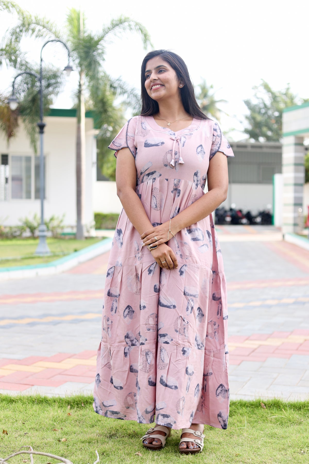 MANGAI New Alpine 3 Layer Frock for Women | Stylish Petal Sleeve Nighty with Fancy Neck | Back Tie Rope & Side Pocket | Flared Bottom Full Length Cozy Modern Nightwear (AFK)