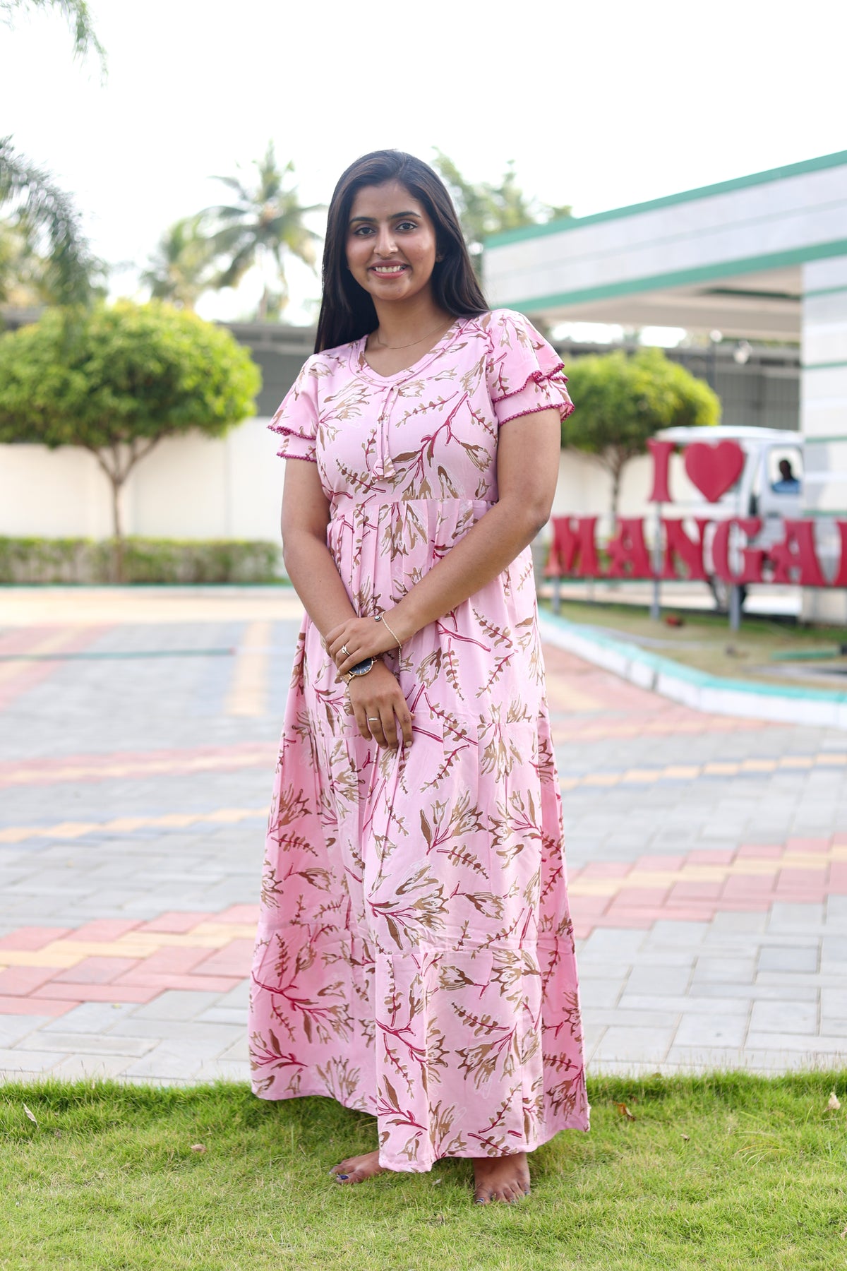 MANGAI New Alpine 3 Layer Frock for Women | Stylish Double Layer Sleeve Nighty with Fancy Neck | Back Tie Rope & Side Pocket | Flared Bottom Full Length Modern Nightwear (AFK)