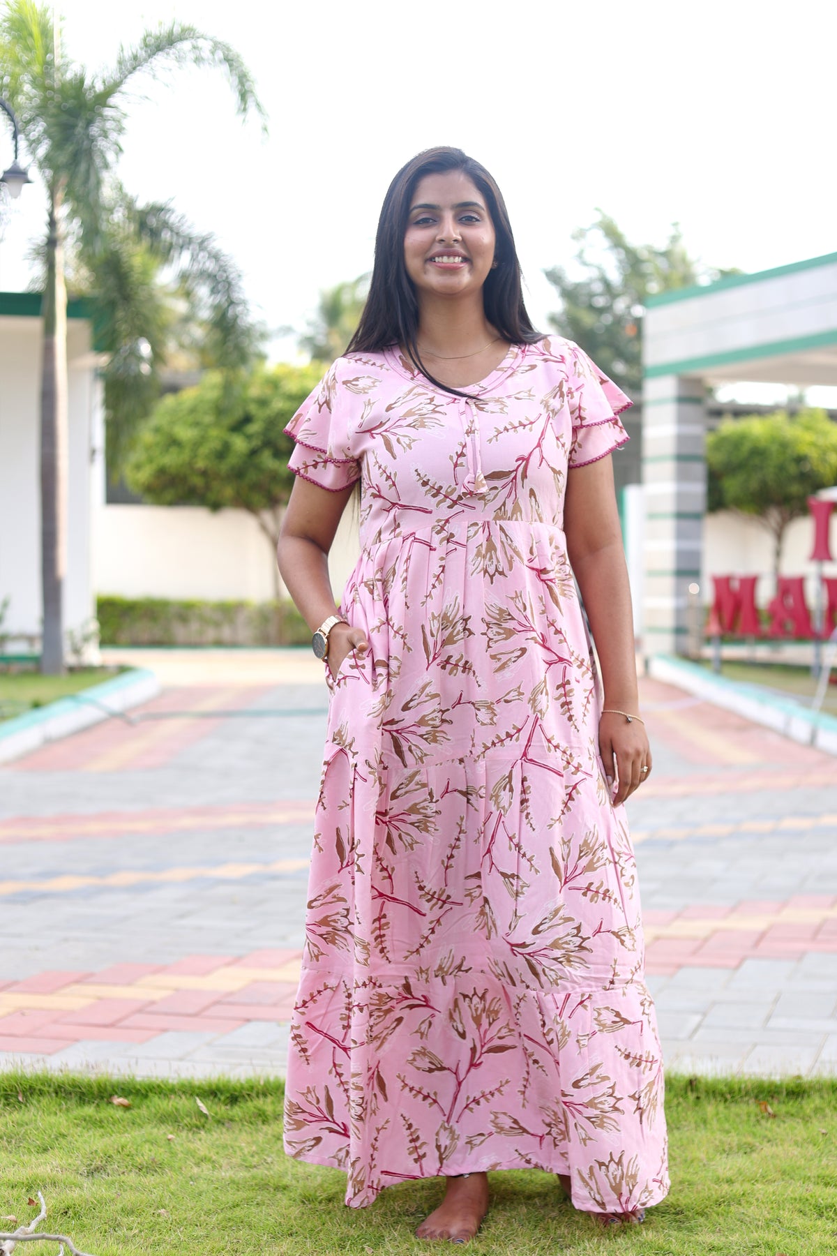 MANGAI New Alpine 3 Layer Frock for Women | Stylish Double Layer Sleeve Nighty with Fancy Neck | Back Tie Rope & Side Pocket | Flared Bottom Full Length Modern Nightwear (AFK)