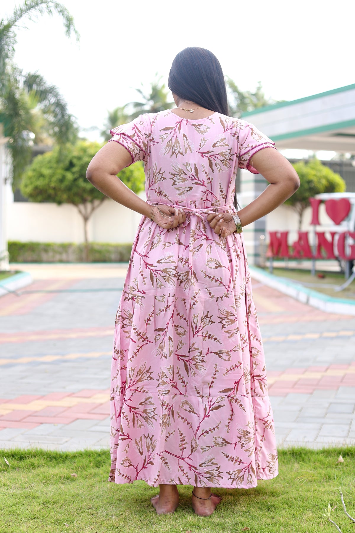 MANGAI New Alpine 3 Layer Frock for Women | Stylish Double Layer Sleeve Nighty with Fancy Neck | Back Tie Rope & Side Pocket | Flared Bottom Full Length Modern Nightwear (AFK)