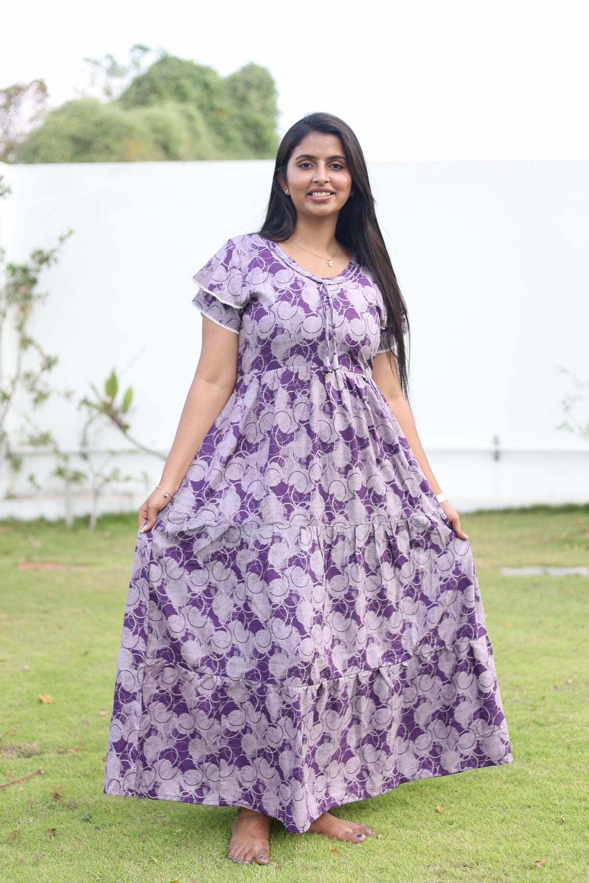 MANGAI New Alpine 3 Layer Frock for Women | Stylish Double Layer Sleeve Nighty with Fancy Neck | Back Tie Rope & Side Pocket | Flared Bottom Full Length Modern Nightwear (AFK)