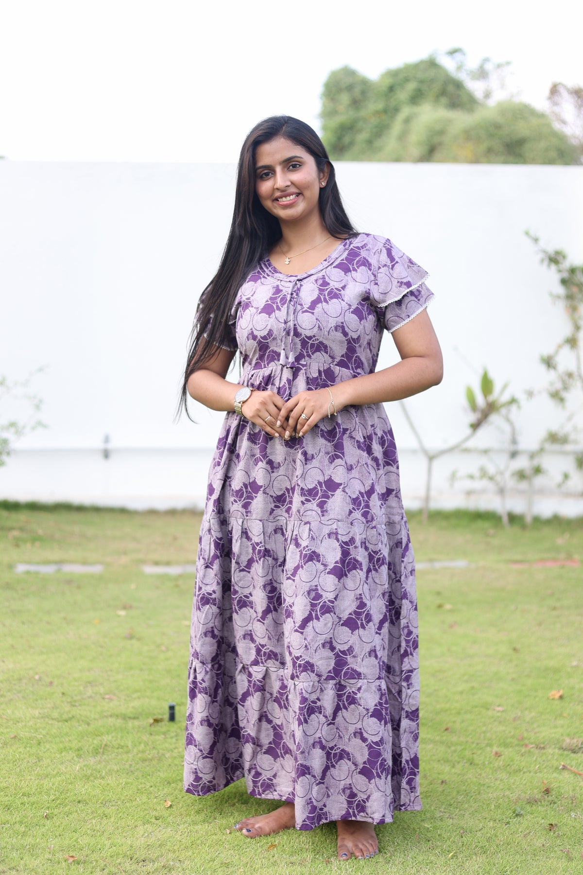 MANGAI New Alpine 3 Layer Frock for Women | Stylish Double Layer Sleeve Nighty with Fancy Neck | Back Tie Rope & Side Pocket | Flared Bottom Full Length Modern Nightwear (AFK)