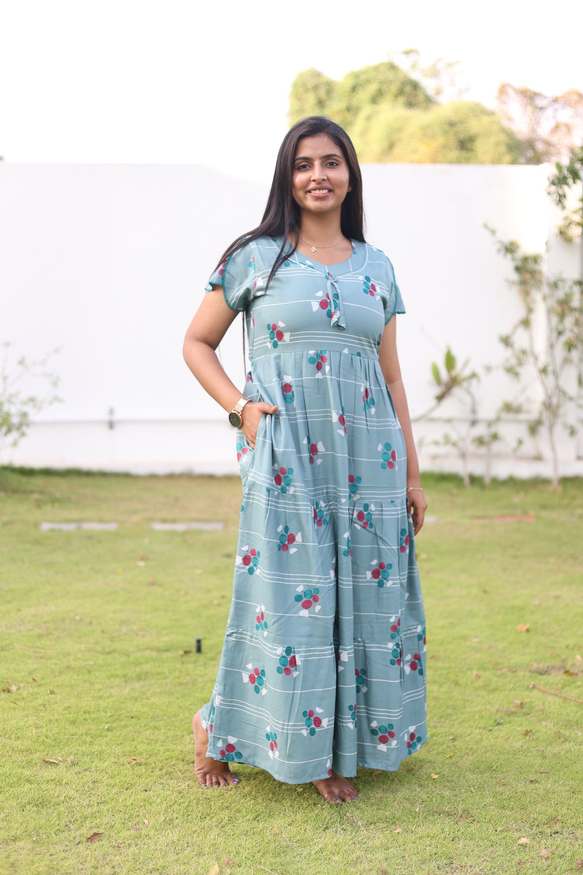 MANGAI New Alpine 3 Layer Frock for Women | Stylish Petal Sleeve Nighty with Fancy Neck | Back Tie Rope & Side Pocket | Flared Bottom Full Length Cozy Modern Nightwear (AFK)