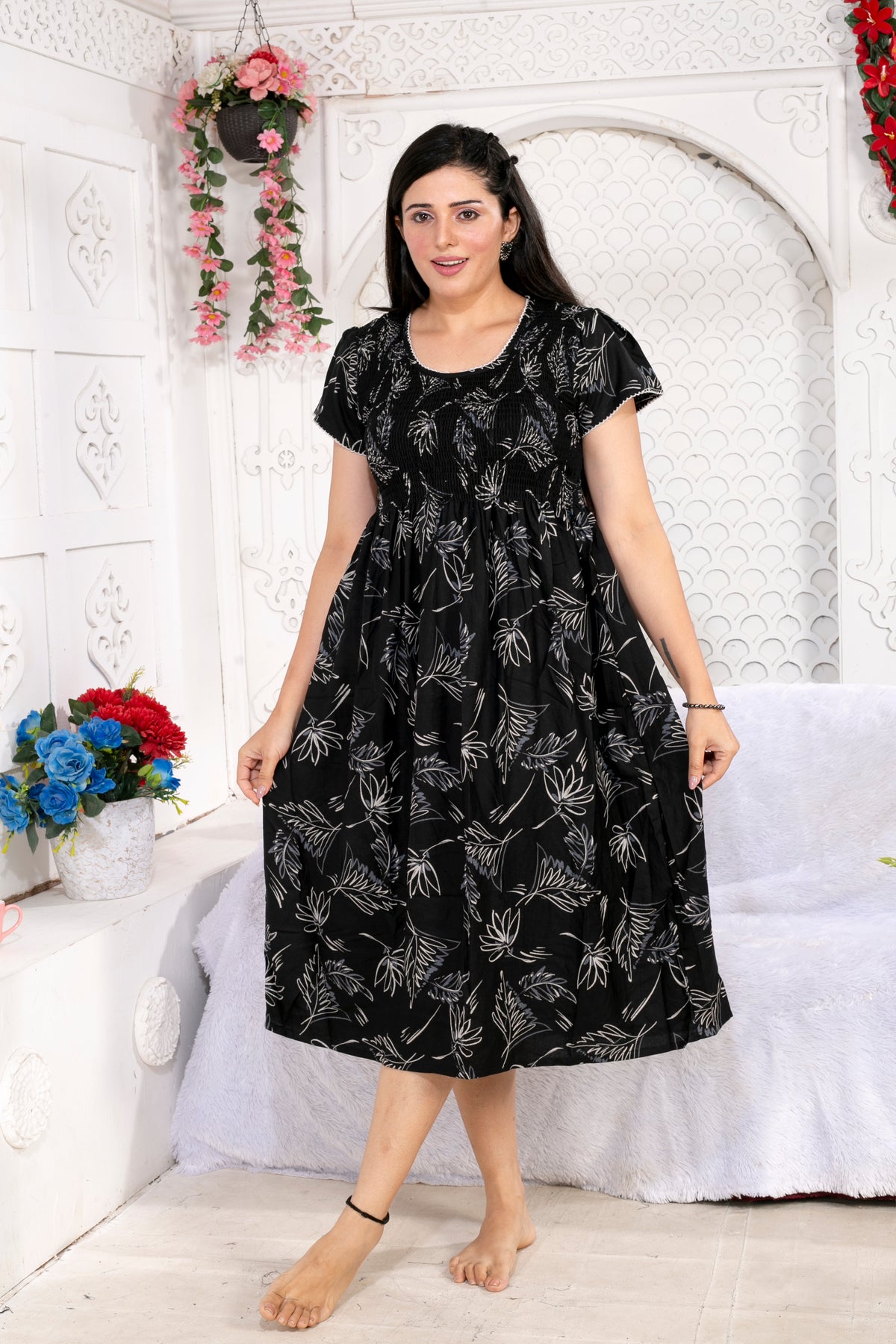 Alpine Smocking Maxi Frock Model Nightgown for Trendy Women's & Teenage Girl's | Stretchable Comfort to Body Fit | Side Pocket & Stylish Round Neck MAXI Gown for Women's Teenage Girl's (ASM)