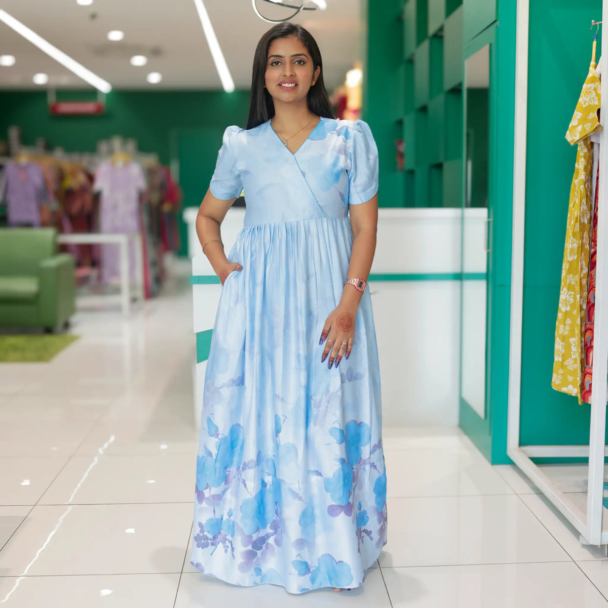 Sky blue rayon long frock with back tie and pocket- Mangai Nighties