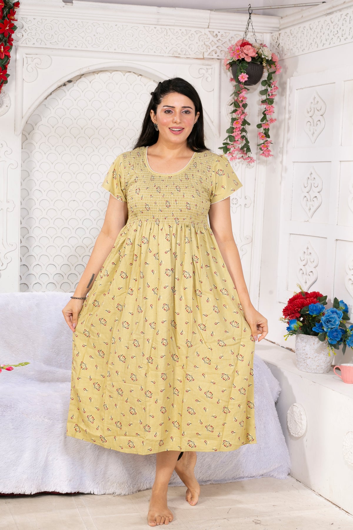 Alpine Smocking Maxi Frock Model Nightgown for Trendy Women's & Teenage Girl's | Stretchable Comfort to Body Fit | Side Pocket & Stylish Round Neck MAXI Gown for Women's Teenage Girl's (ASM)