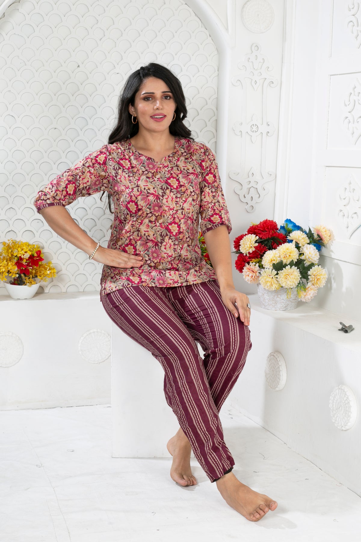 MANGAI Premium Cotton Printed Night Suits | Stylish Print's All Over | Top & Bottom Set | 3/4 Sleeve | Trendy Night Suits for Stylish Women's (CNS)