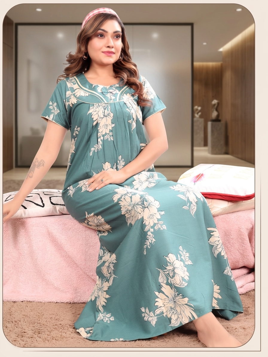 Women's Floral Rayon Pleated Nighty – Elegant Nightwear with Sweetheart Yoke & Side Pocket Nighty