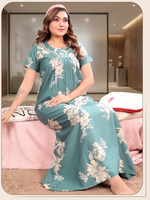 Women's Floral Rayon Pleated Nighty – Elegant Nightwear with Sweetheart Yoke & Side Pocket Nighty