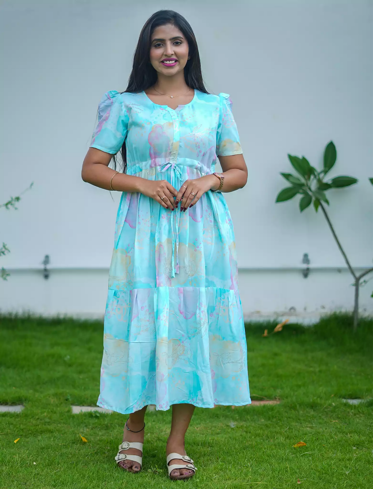 Rayon Abstract Print Foil Gathering Maxi with Puff Sleeve - Mangai Nighties