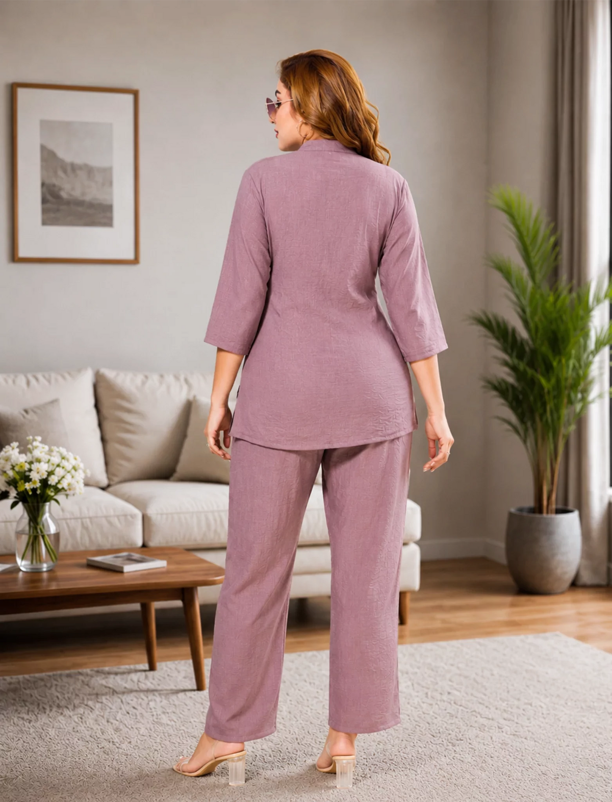 Mauve Linen Cotton Printed Night Suit Top & Bottom Set | Mangai Nighties