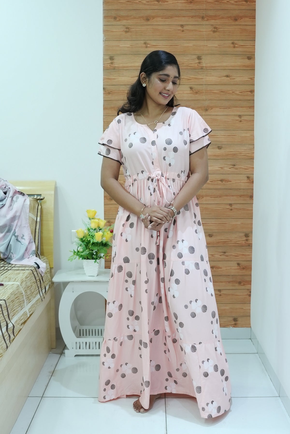 Stylish Arrivals Rayon Gathering Frock Model Night Gown's | Front Adjustable Gathering Style Rope Rope | Double Layer Sleeve | Trending Collection's for Stylish Women's (GFK)