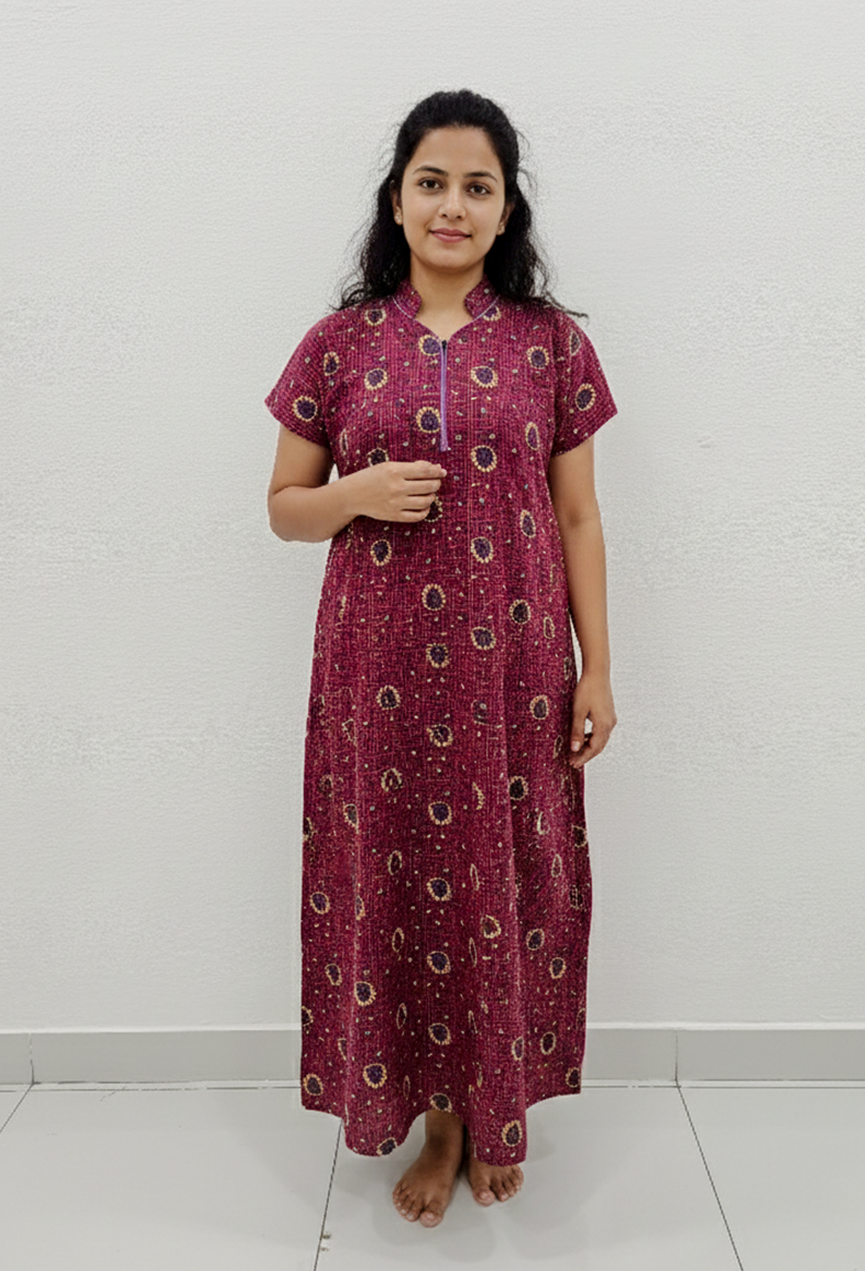 MANGAI Daily Wear Casual Comfort Fit Cotton Printed Nighties | Front open Zipper Model| Slit Open & Neck Collar Comfort Fit Daily Wear Nighties (DRN)