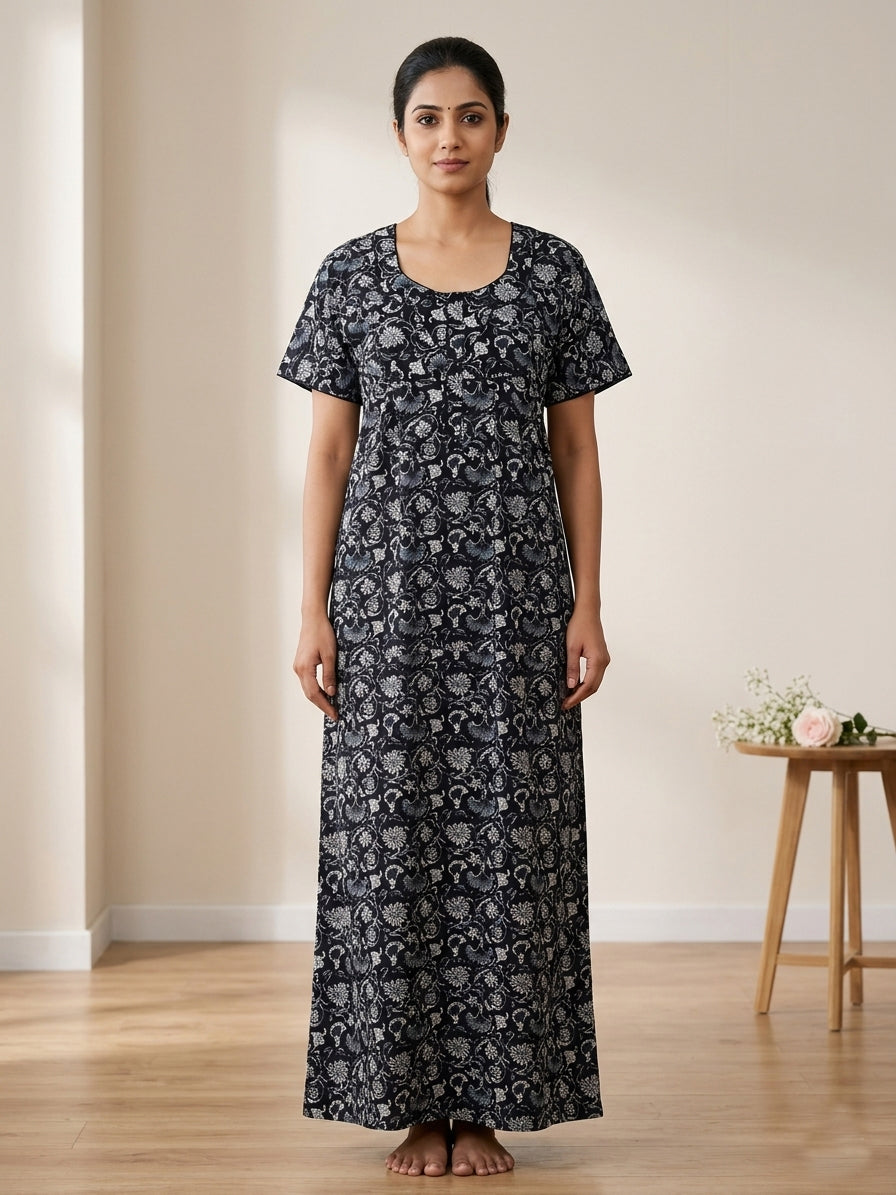 MANGAI Premium Cotton Printed Pleated Model Half Sleeve 3XL Size Nighties With Fancy Neck | With Side Pocket (3PZ)